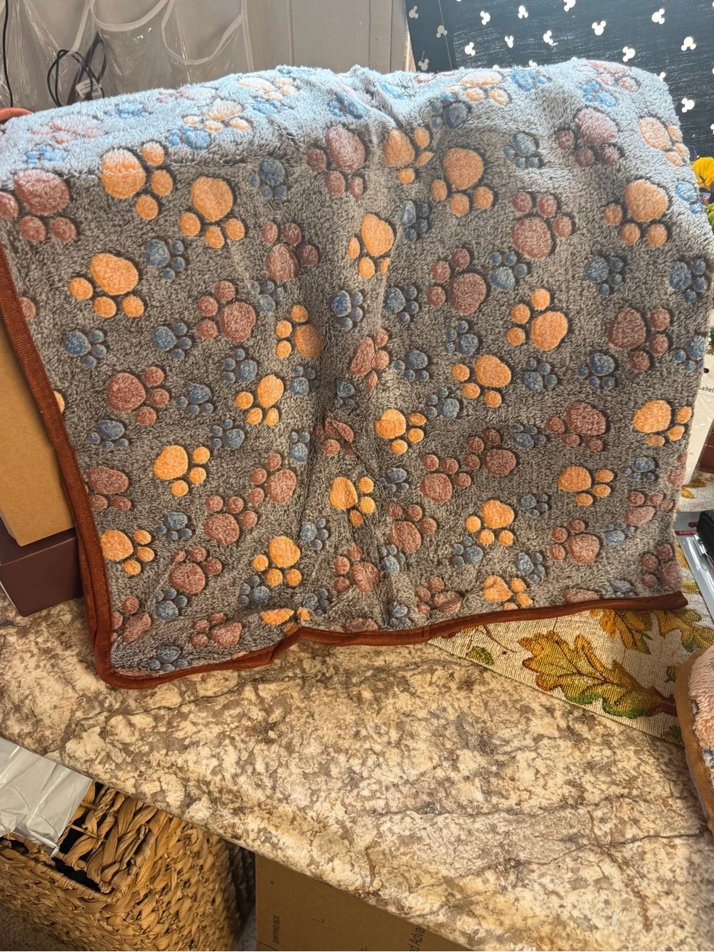 Plush Paw-Print Throw Blanket - Gray with Orange & Blue Accents dog blanket